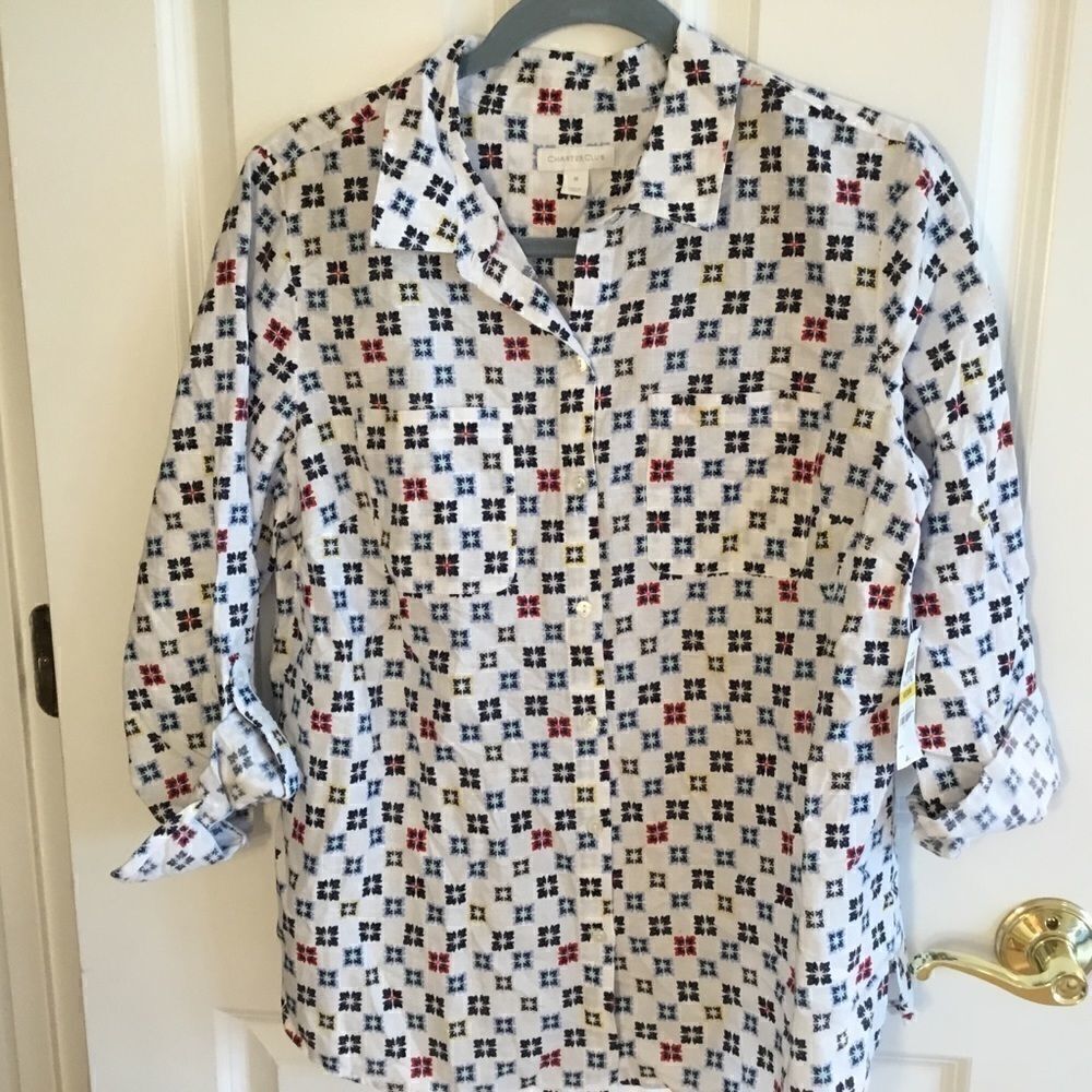SALE. BUY 2/$30. NWT. Charter Club Printed Roll Tab Sleeve Blouse M